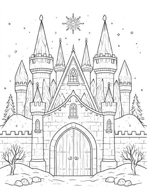 Coloring page of the Snow Queen's ice palace with a snowflake in the sky