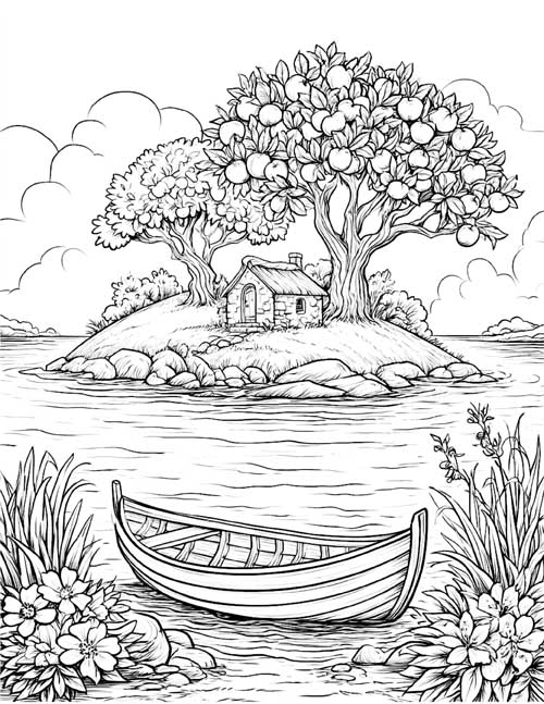 Coloring page of a rowboat on the shore across from the island of Avalon with its apple trees