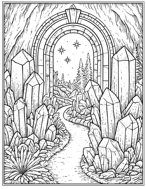 Coloring page of a path through a crystal cave to a stone archway
