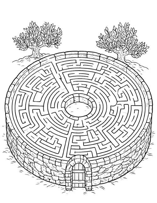 Coloring page of the Minotaur's round stone labyrinth with two olive trees