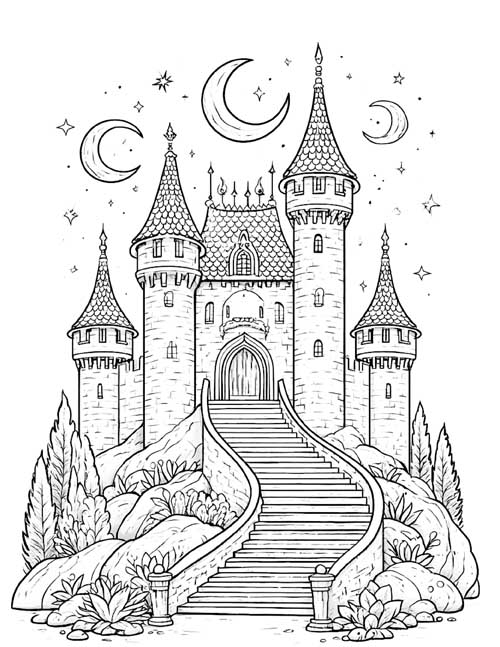 Coloring page of the palace of Nyx under crescent moons and stars