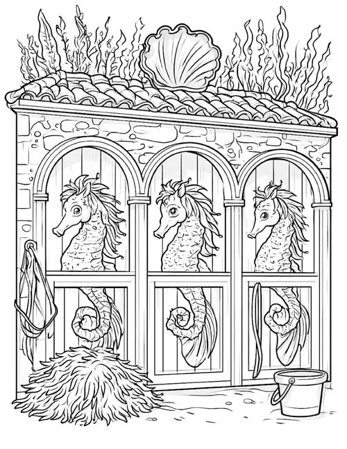 Coloring page of three hippocampi in their stalls in Poseidon's undersea stable