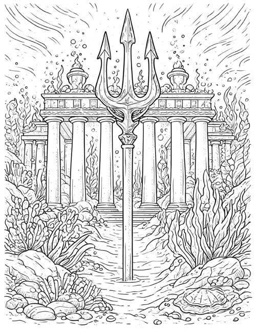 Coloring page of Poseidon's trident in front of his palace under the sea