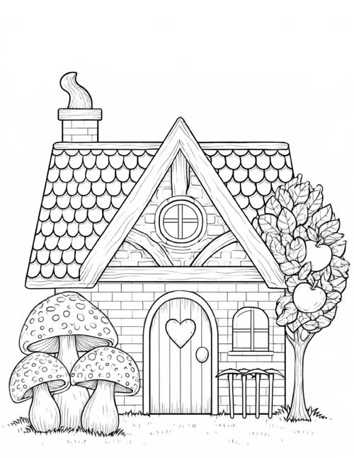 Coloring page of the seven dwarfs' cottage with a heart on the door and mushrooms in the yard