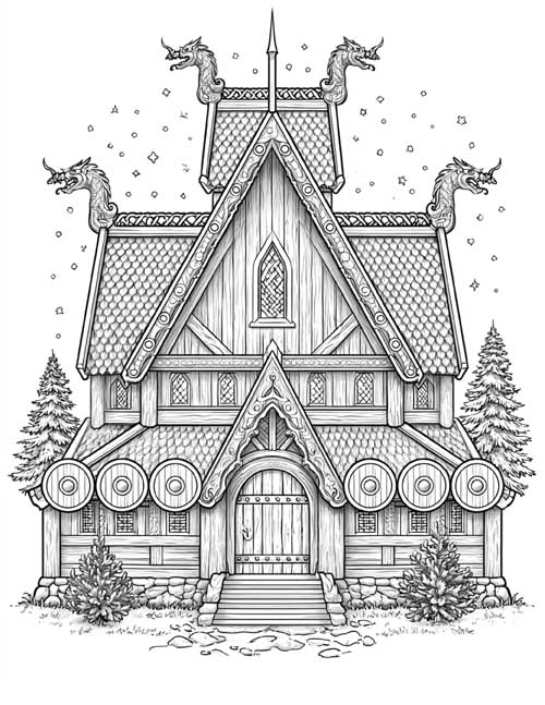 Coloring page of Valhalla, a Viking hall with dragon heads on the roof and shields along the walls