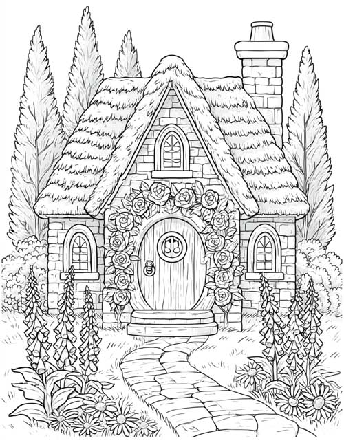 Coloring page of a cottage with climbing roses around the door