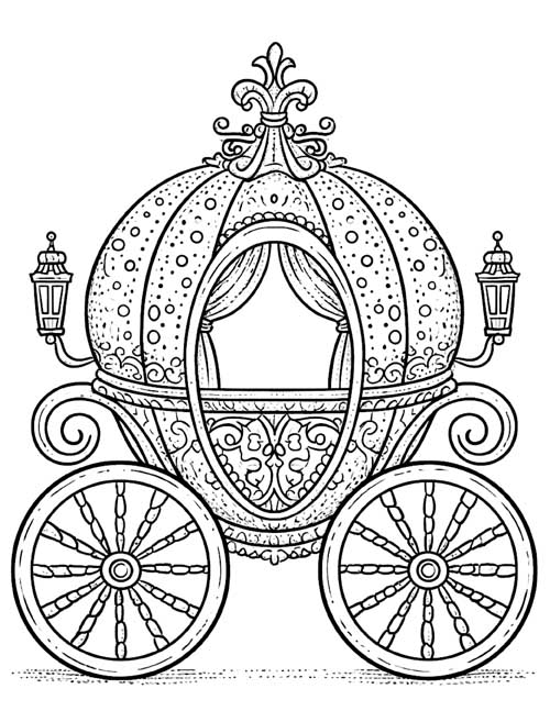 Coloring page of Cinderella's castle with a clock tower and a pumpkin coach
