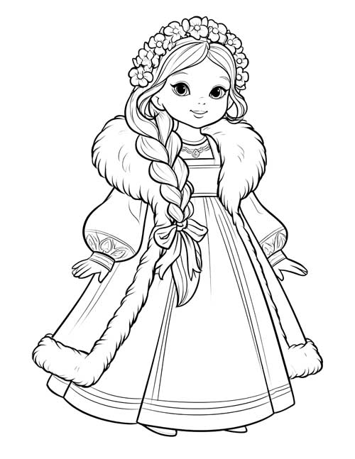 Cartoon coloring page of Elena wearing a flower crown and fur-trimmed coat with a bow in her braid
