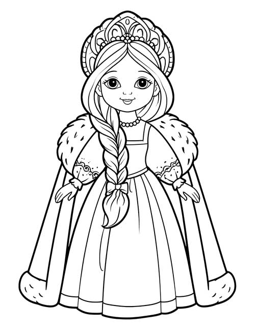 Cartoon coloring page of Elena in a kokoshnik headdress and fur-trimmed cloak