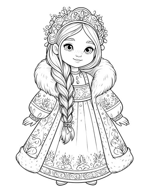 Cute coloring page of a freckled Elena in an embroidered fur-trimmed coat