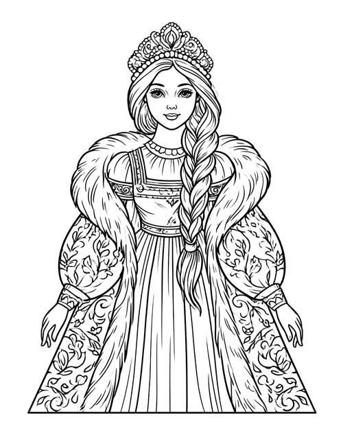 Detailed coloring page of Elena in a tall jewelled crown and a patterned fur-trimmed coat