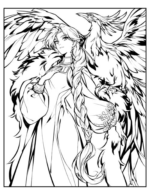 Graphic comic style coloring page of Elena with the Firebird spreading its wings behind her