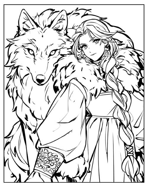 Graphic comic style coloring page of Elena standing beside a huge grey wolf