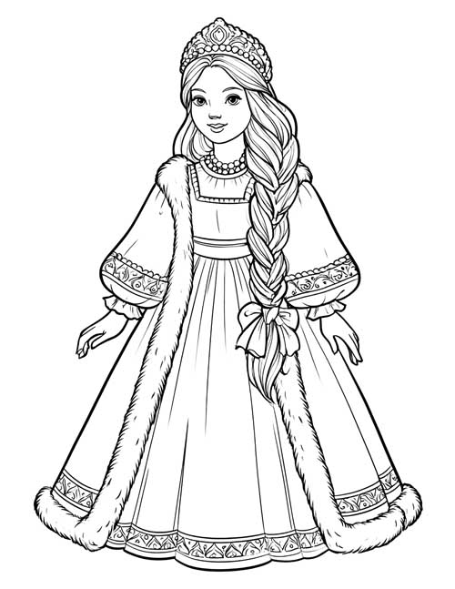 Coloring page of Elena the Fair in a pearl headdress and fur-trimmed gown with a ribbon in her braid