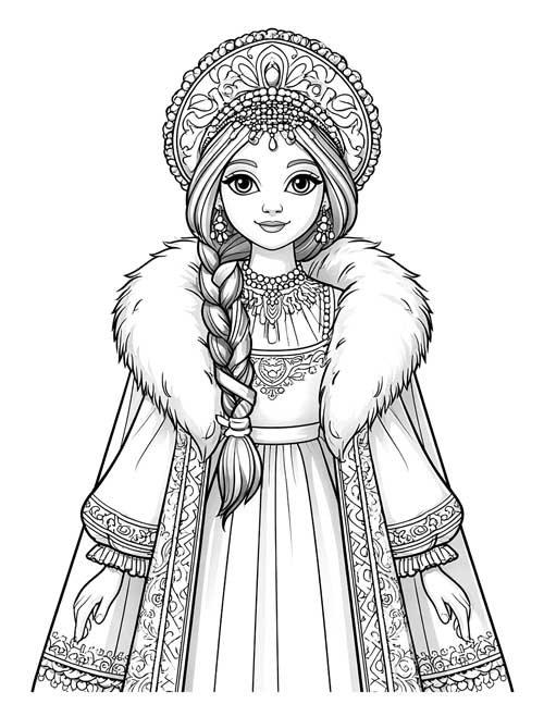 Grayscale coloring page of Elena in a jewelled kokoshnik and fur collar
