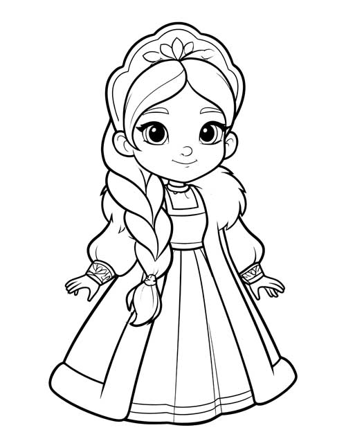 Preschool coloring page of Elena in a simple headdress and fur-trimmed coat with a long braid