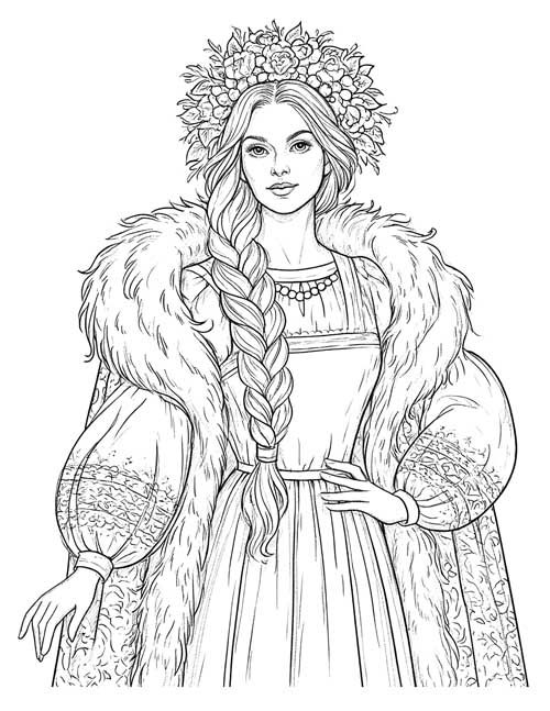 Realistic coloring page of Elena with a flower wreath, a long braid and a fur-trimmed coat