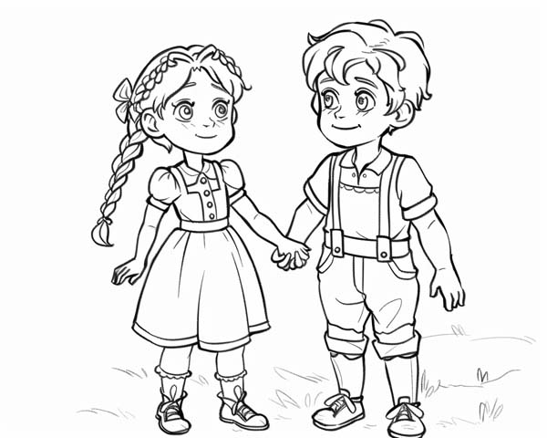 coloring page of Hansel and Gretel holding hands