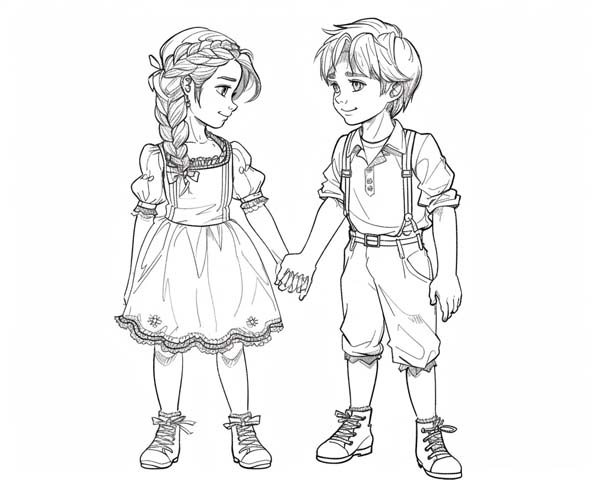 coloring page of Hansel and Gretel holding hands