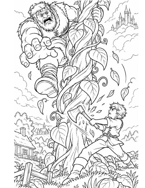Coloring page of Jack chopping the beanstalk with an axe while the giant climbs down above him