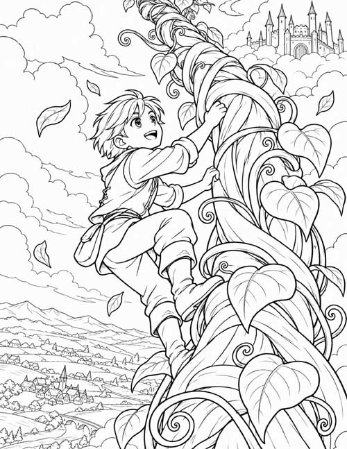 Coloring page of Jack climbing the giant beanstalk with a castle in the clouds above and a village below
