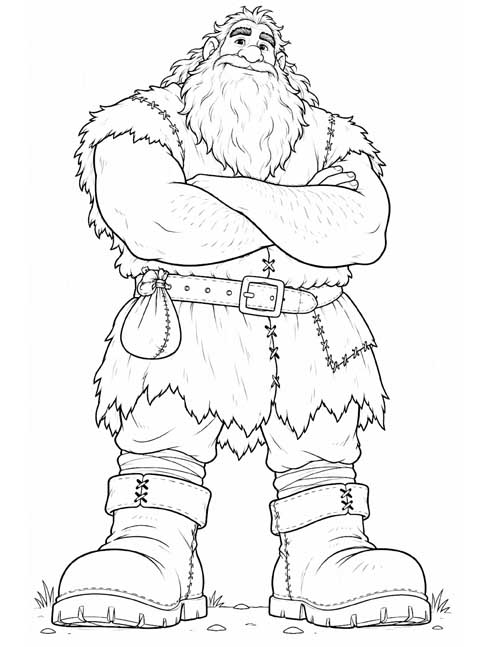 Coloring page of a big bearded giant in a fur tunic and huge boots, standing with his arms crossed