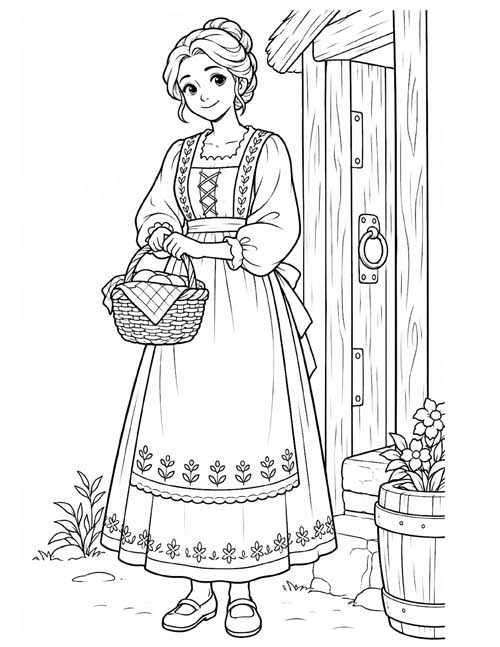 Coloring page of Jack's mum in an embroidered apron, holding a basket by the cottage door