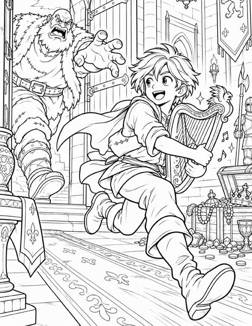 Coloring page of Jack running through the castle hall with the golden harp while the giant reaches after him
