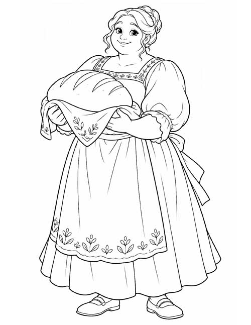 Coloring page of the giant's wife in an embroidered apron carrying a big loaf of bread