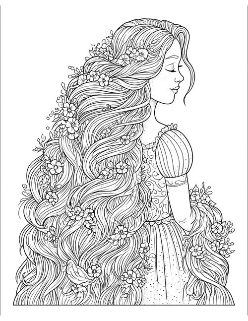 Detailed coloring page of Rapunzel in profile with her eyes closed and her long wavy hair full of flowers