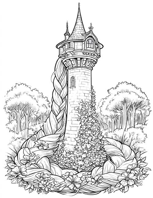 Detailed coloring page of Rapunzel's tower with a braid wrapping around it