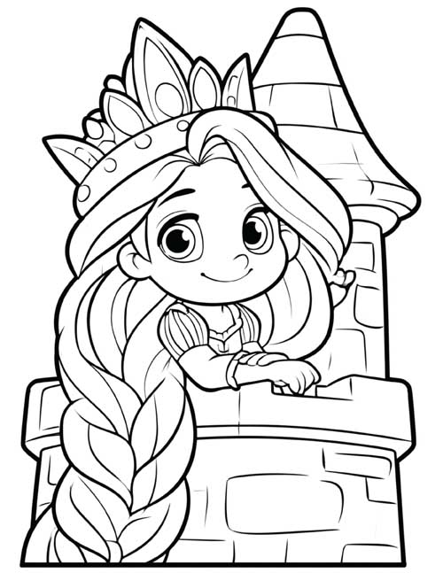 Preschool coloring page of Rapunzel leaning out of her tower with her long braid hanging down