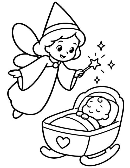 Hand drawn coloring page of a fairy waving her wand over a baby in a cradle