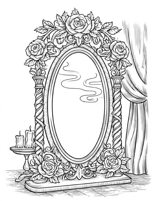 coloring page of the magic mirror and roses