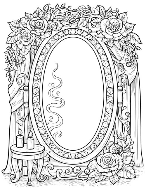 coloring page of the magic mirror and candles
