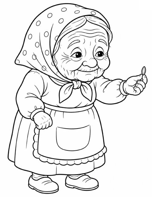 Coloring page of the barleycorn woman in a spotted headscarf holding out a grain of barley