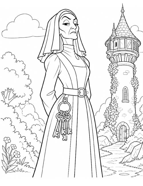 Coloring page of Dame Gothel in a wimple with a ring of keys, standing in front of Rapunzel's tower