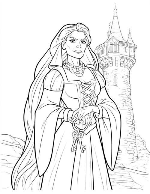 Coloring page of Dame Gothel holding her keys in front of Rapunzel's tower