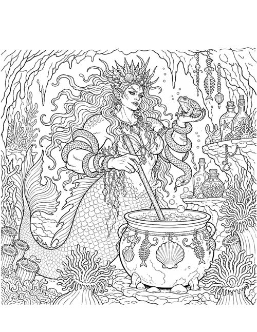 Detailed coloring page of the sea witch stirring her cauldron with a sea snake on her arm and a toad in her hand