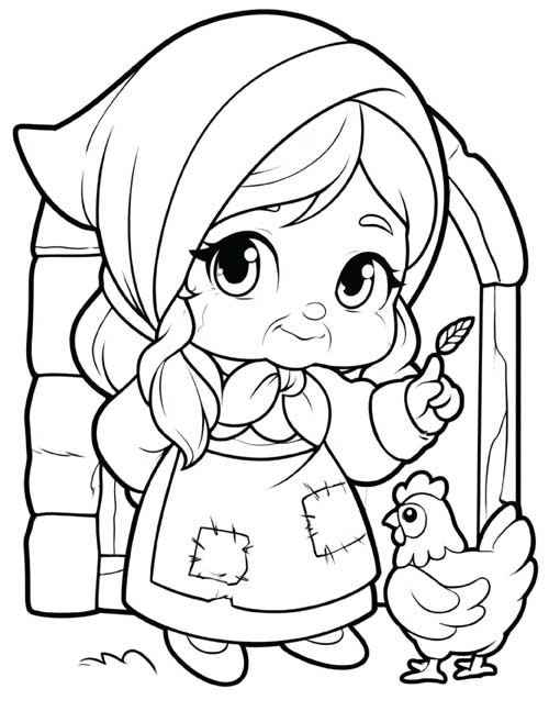 Preschool coloring page of the barleycorn woman in a patched apron with a hen at her feet