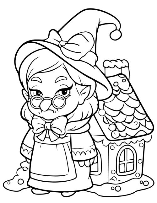 Preschool coloring page of the candy witch in round glasses beside her gingerbread house