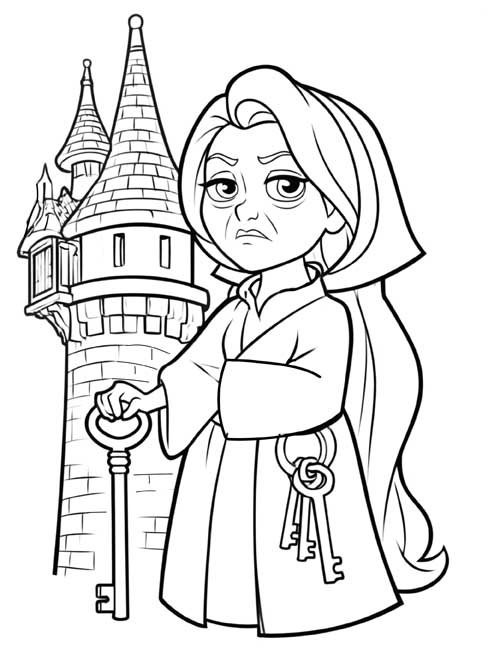 Preschool coloring page of Dame Gothel holding a big key beside Rapunzel's tower
