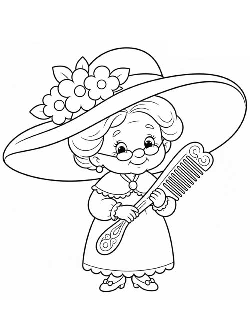 Preschool coloring page of the flower garden witch in her big flowered hat, holding a comb