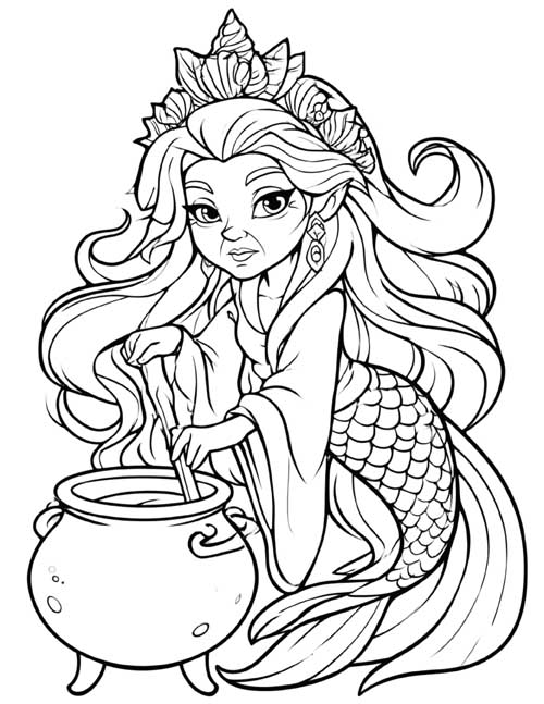 Preschool coloring page of the sea witch in a shell crown stirring her cauldron