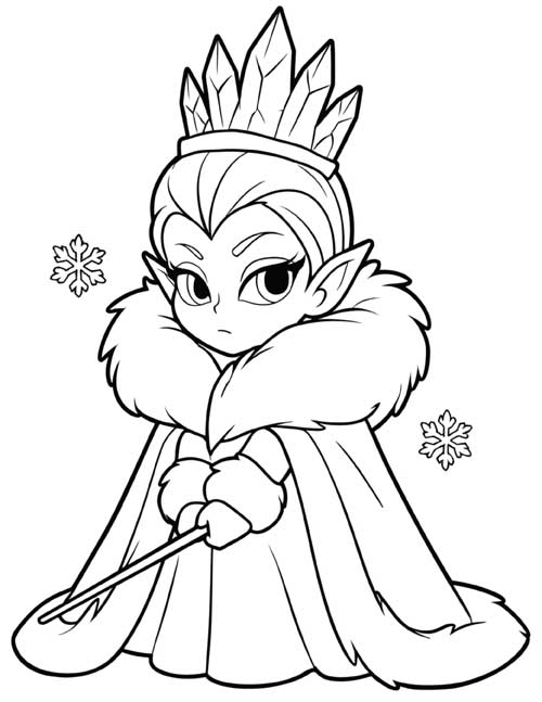 Preschool coloring page of the Snow Queen in an icicle crown and fur cape holding her wand
