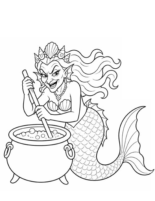 Sea witch grinning as she stirs a bubbling cauldron coloring page