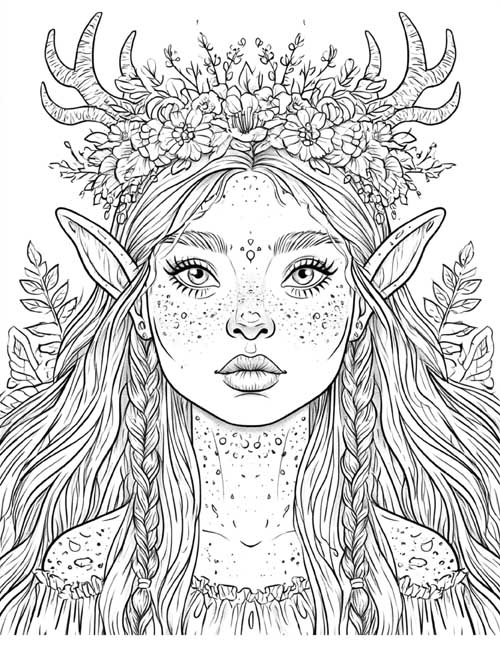 coloring page of a woodland elf with antlers and a flower crown