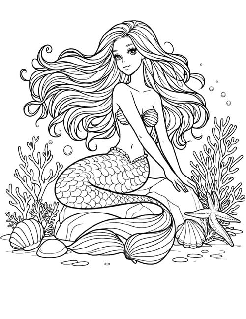 classic coloring page of a mermaid under the sea