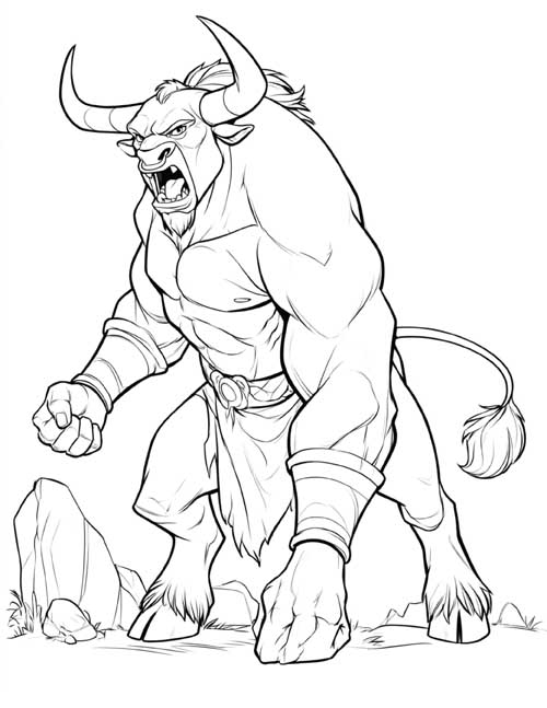 coloring page of an angry minotaur