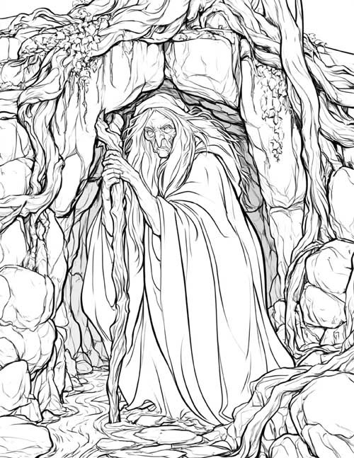 spooky, detailed coloring page of Mother Shipton standing in front of her cave
